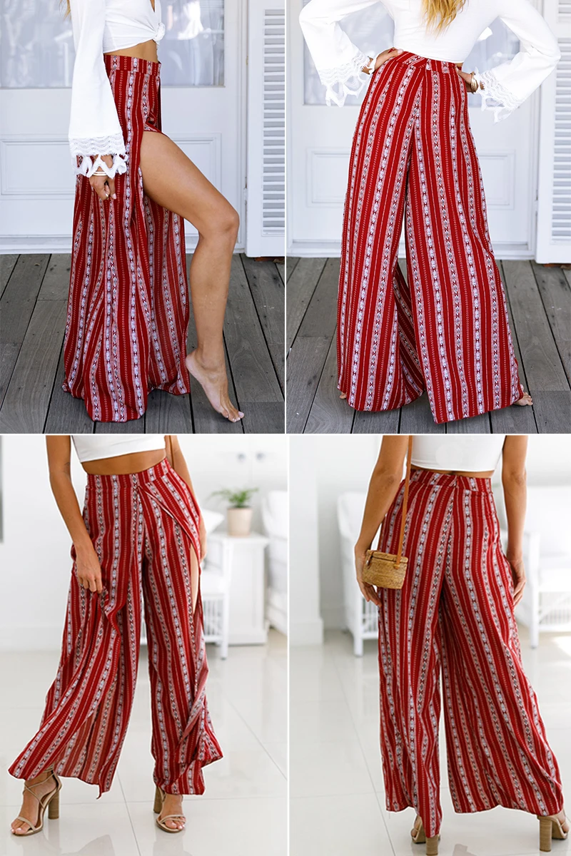 Lily Rosie dziewczyna Boho Print paski kobiety szerokie nogi spodnie 2018 lato sexy Split długi spodnie Wysoka talia casual Beach kobiet -