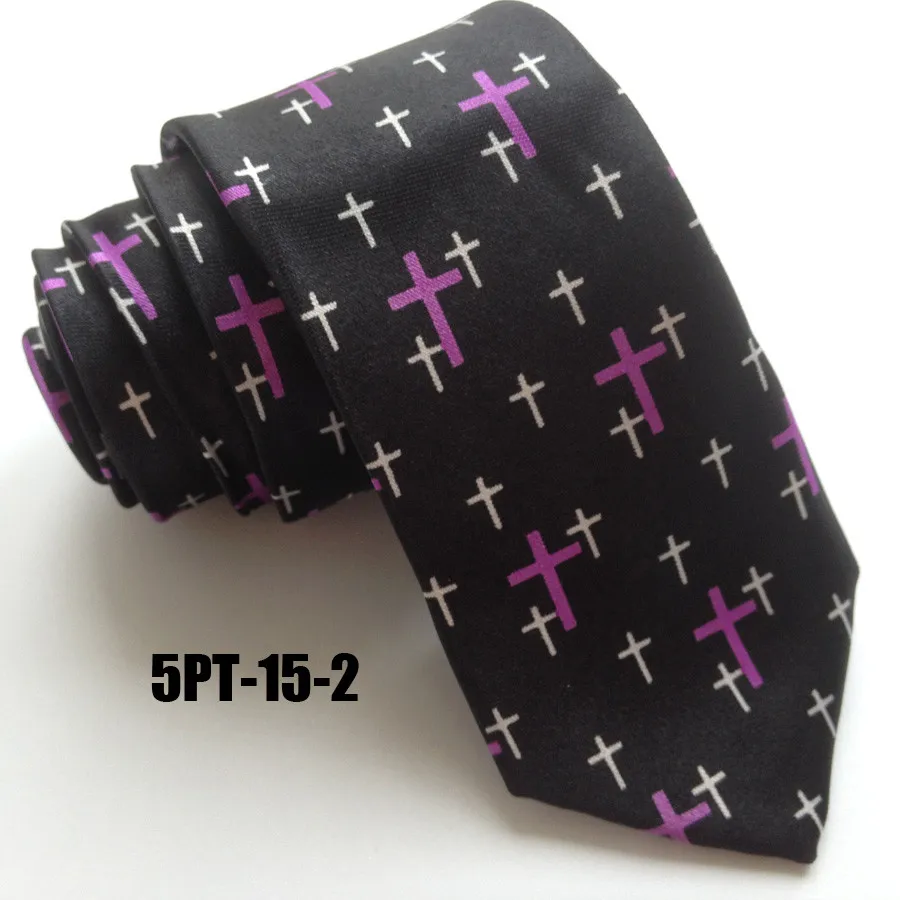 

5cm Slender Tie Fashion Polyester Necktie Black with White Purple Cross