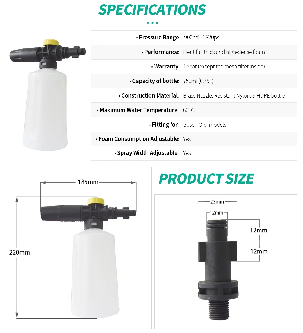 Car Washer Snow Foam Lance 750ml Foam Cannon For Bosch Old Type