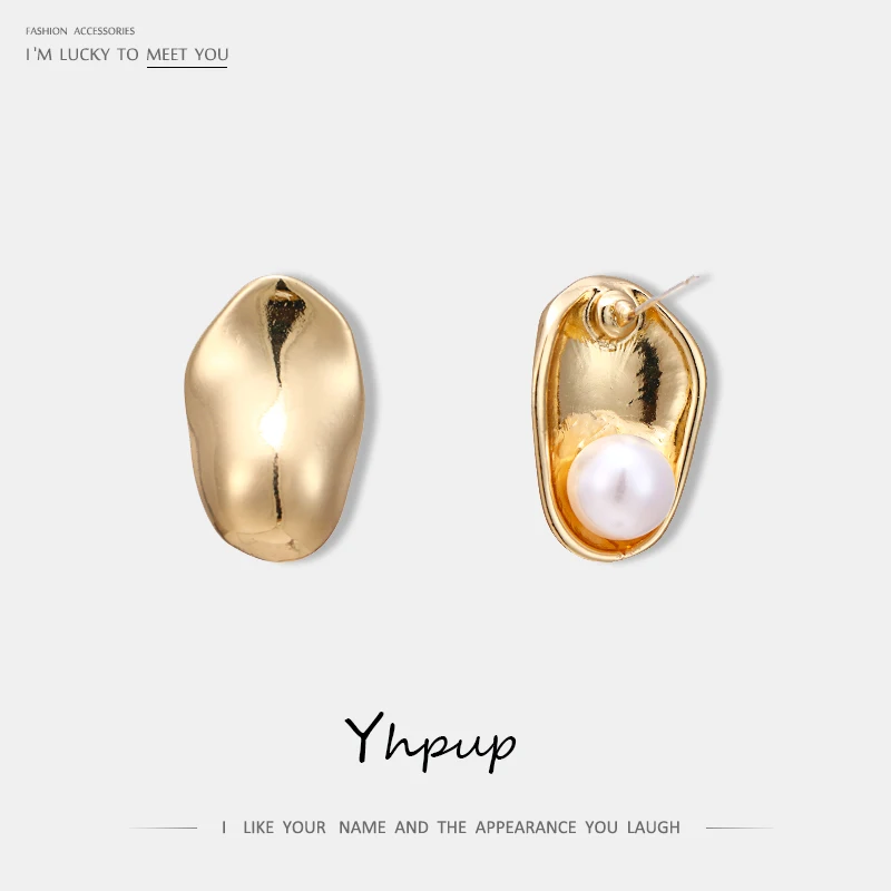 

Yhpup New Trendy Simple Copper Gold Stud Earrings Vintage Personality Imitation Pearls Oorbellen Fashion Jewelry for Women S925