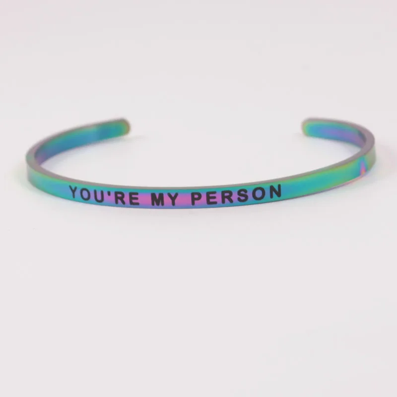 

Rainbow"YOU ARE MY PERSON" Stainless steel C Shape Mantra Bracelet open cuff inspiration Bangle Carving Meaningful words