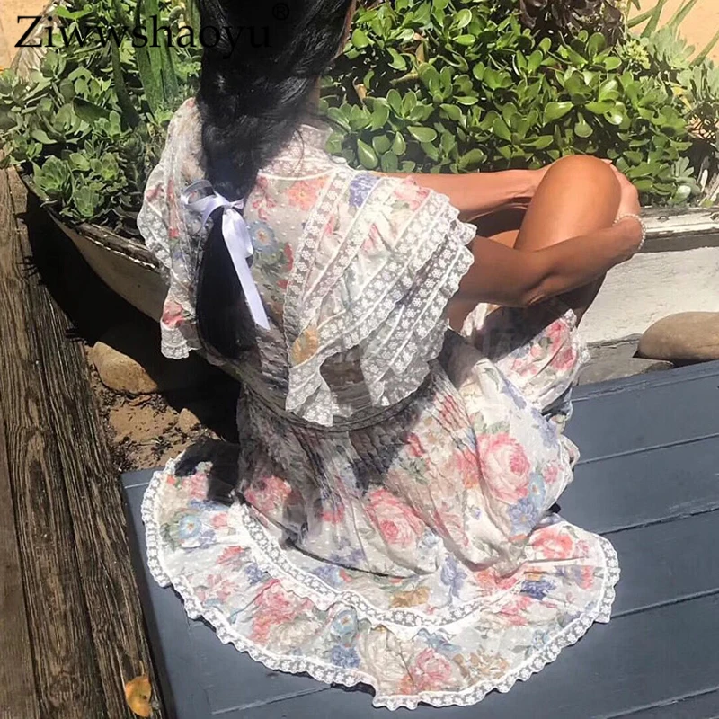 

Ziwwshaoyu Vacation cotton dresses Stand Print Dot Ruffles elegant Patchwork Embroidery dress Spring and summer new women's