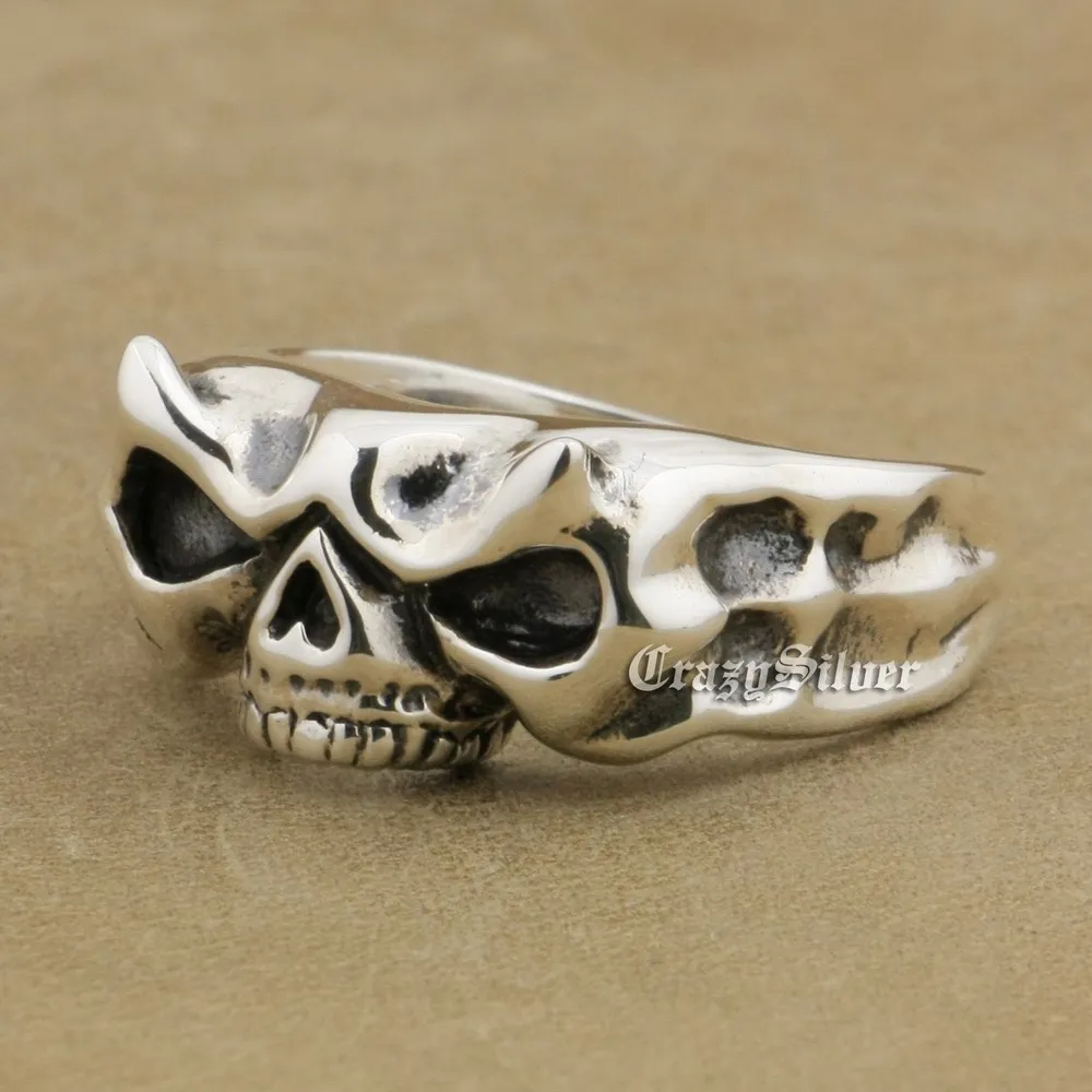 

925 Sterling Silver Skull Ring 10mm Width Mens Biker Punk Ring TA14A US 7~14