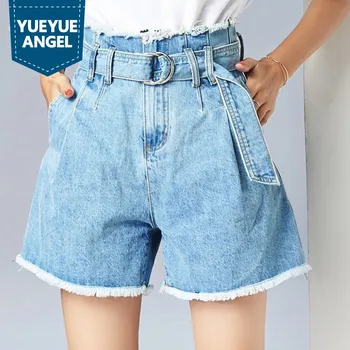 

Women High Waist Denim Shorts Sashes Female Straight Wide Leg Short Jeans New Ladies Tassel High Street Feminino Denim Shorts