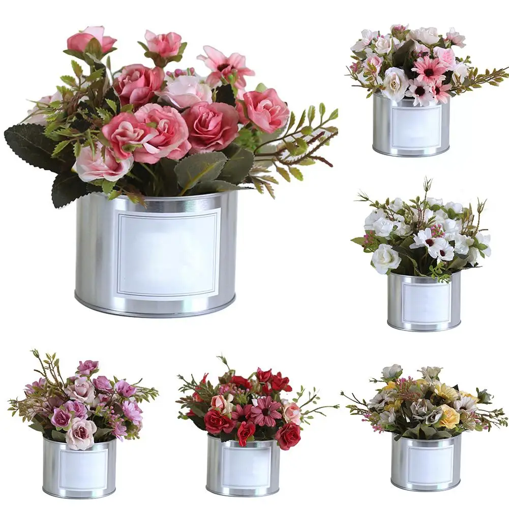 

Plastic Artificial Rose Bouquet Metal Plant Pot Wedding Party Home Decoration hot