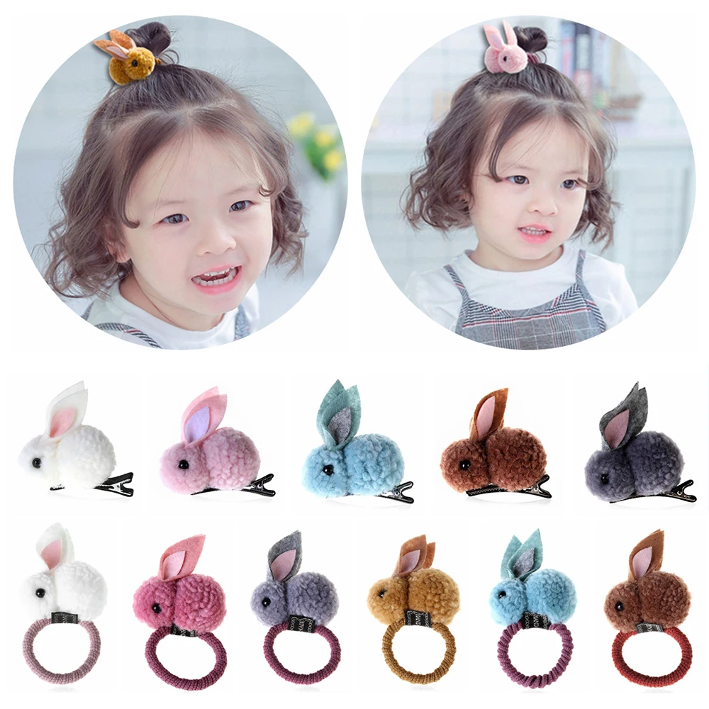 Детские Девочки милые плюшевые кролики заколка для волос Дети корейский стиль волосы канатная Резиновая лента 3D Животные Заколки прекрасные аксессуары для волос