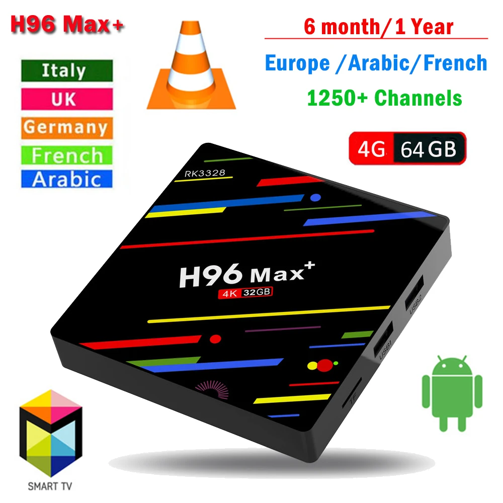 H96 Max + Android 8 1 TV BOX 4 Гб 64 RK3328 Smart 6 месяцев/1 год Европа Испания арабский французский