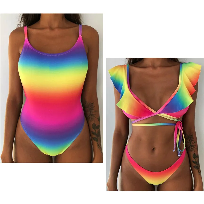 

2019 Sexy Women Rainbow Monokini One Piece Swimsuit Push Up Ruffle Bikini Swimwear Beachwear Bathing Suit Swimming 2 Styles
