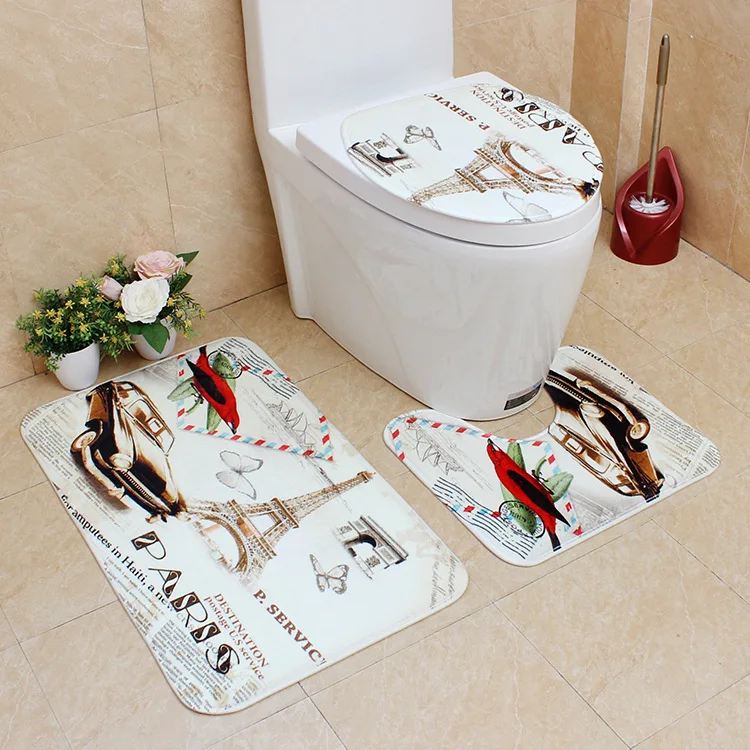 

Flannel Printing Thickening and Warm 3D Garden Bathroom Slip-proof Toilet Cushion Three-piece Set bathroom carpet bath mat