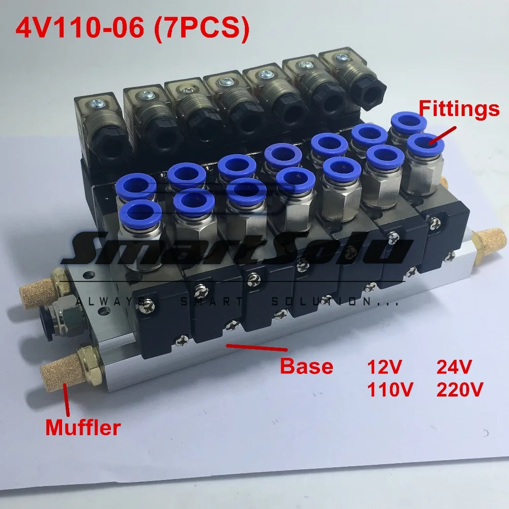 

Free shipping 4V110-06 x7 Solenoid Air Valve Set 5port 2position 1/8" BSP Connected Base Muffler Fitting