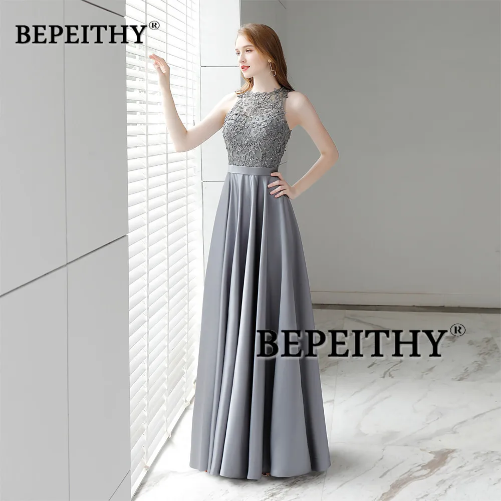 Vestido De Festa Gray Long Evening Dress 2020 O Neck Lace Top Vintage Elegant Prom Party Dresses Abendkleider Hot Sale