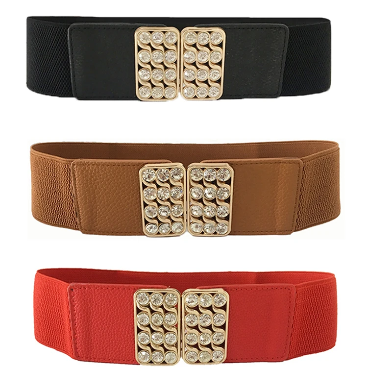 

Rhinestone buckle wide belts for ladies dress elastic fabric belts for womens Vintage belts Stretch Knit High Quality waistband