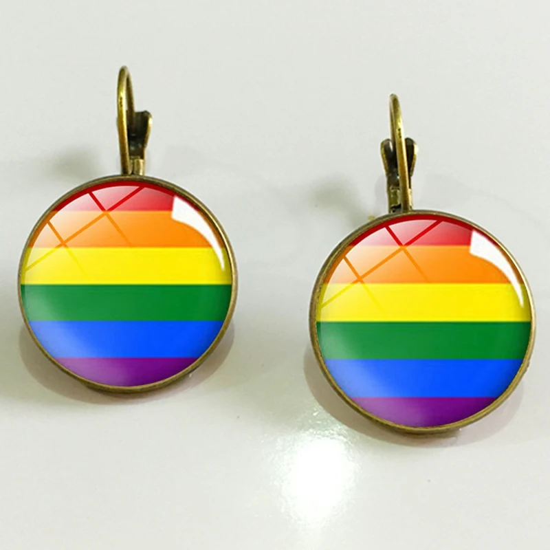 2019 New Arrival Lesbian Gay Pride Earrings Colorful Rainbow Round Glass Dome Stud Earrings For Women Lgbt Jewelry Accessories,25,Bronze Color 