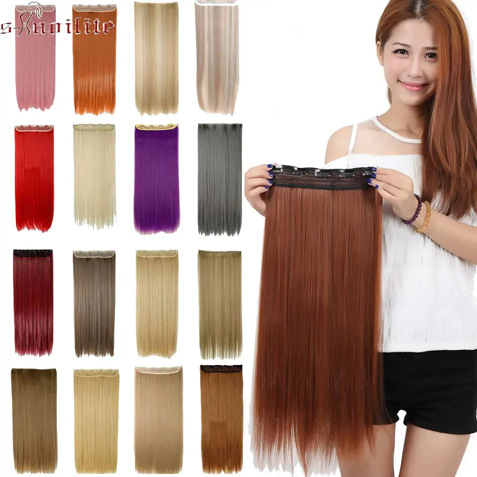 

S-noilite 23 26 30" Long Straight Hair Clips in One Piece Synthetic Hair Natural Real Hair Pieces Women Hairpiece