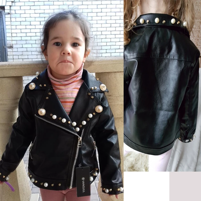 Осеннее пальто для девочек куртка из искусственной кожи куртки для девочек возрастом от 2 до 7 лет модная кожаная мотоциклетная куртка с заклепками, отворотами и жемчужинами, низкая цена, горячая распродажа, универсальная одежда