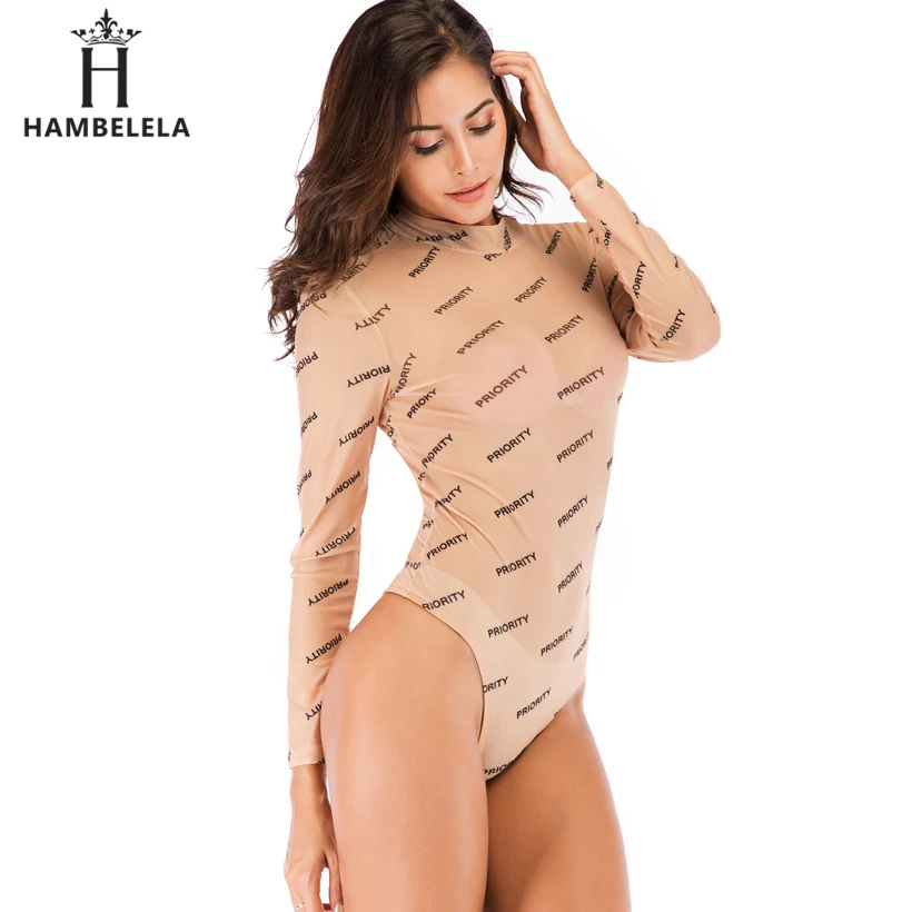 HAMBELELA Sexy Letter Print Turtleneck Skinny Bodysuit Women 2019 New Spring See Through Long Sleeve Bodycon Sheer Mesh Bodysuit (8)