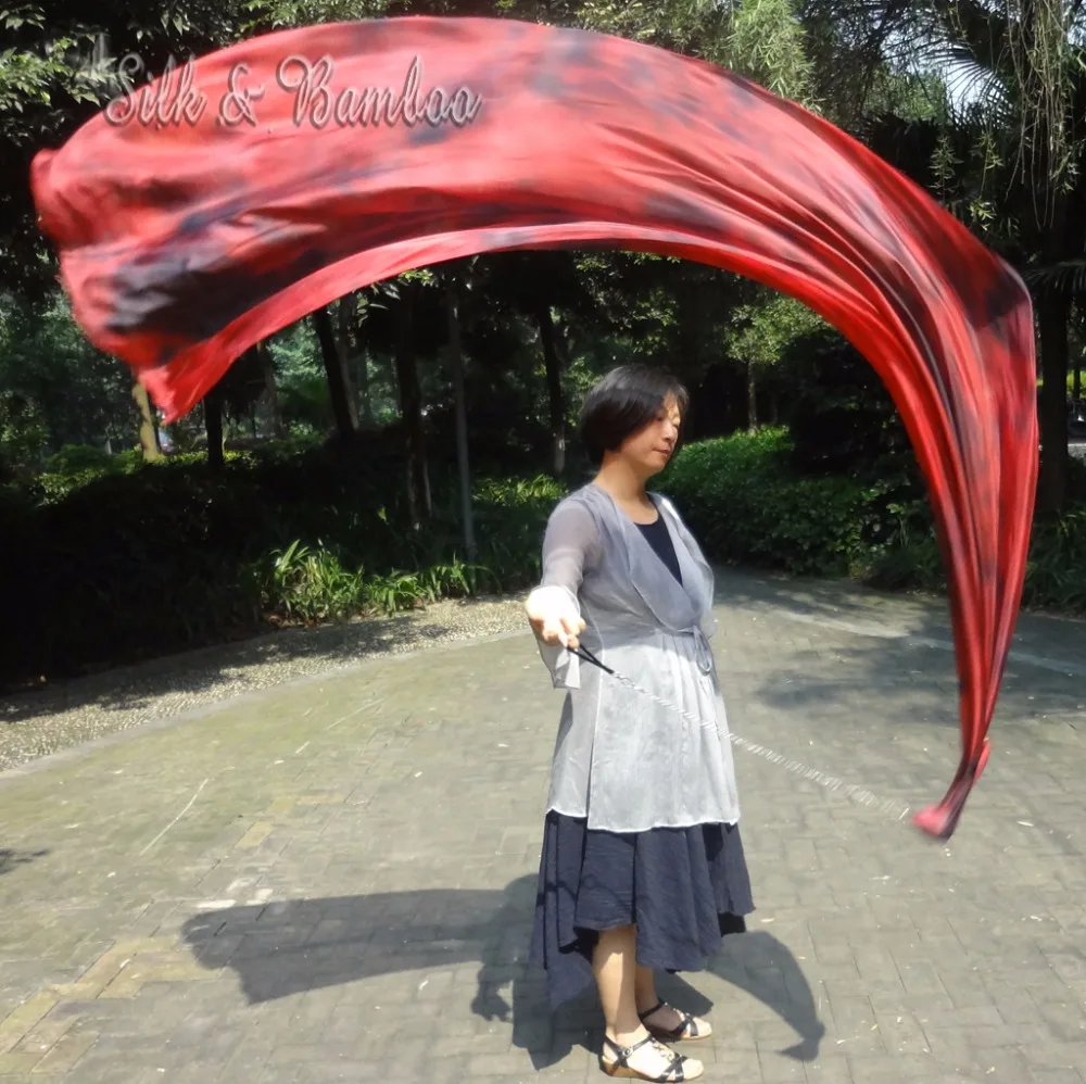 

black+red tie-dye, 1 piece 2.3m*0.9m(70"*35") detachable hand painted belly dance silk veil poi, real flowy silk!