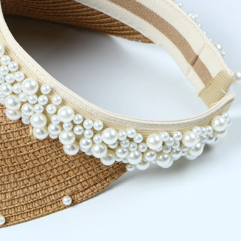 Sun Hat Women Summer Straw Visor Pearl Casual Beach Wide Brim Holiday Outdoor Cap Accessory (2)