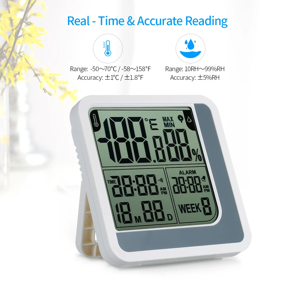 Digital LCD Room Temperature Humidity Gauge Meter Alarm Clock Indoor Thermometer Hygrometer with Max Min Value Display