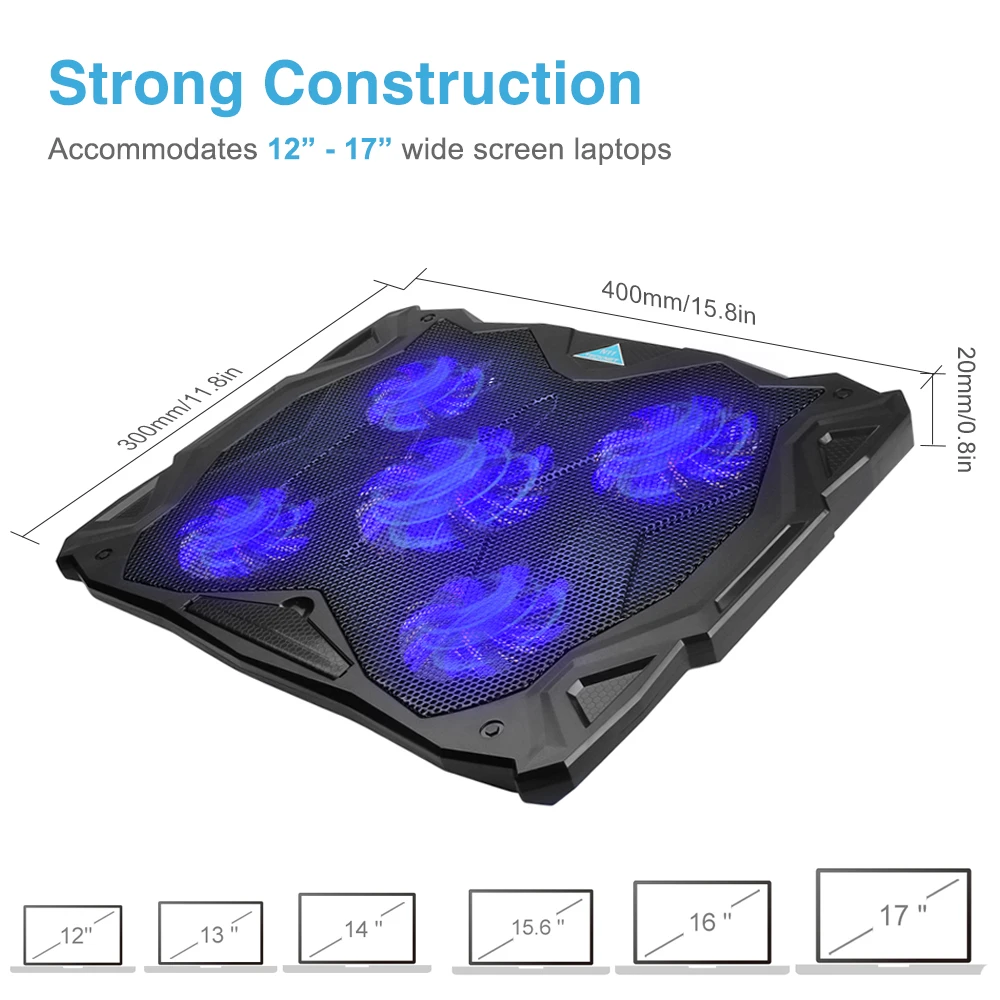 Охлаждающая подставка для ноутбука TeckNet 5 вентиляторов охлаждающая подставка при 1500 об/мин синий кулер со светодиодной подсветкой подходит для 1"-17" Подушка с охлаждением для ноутбука