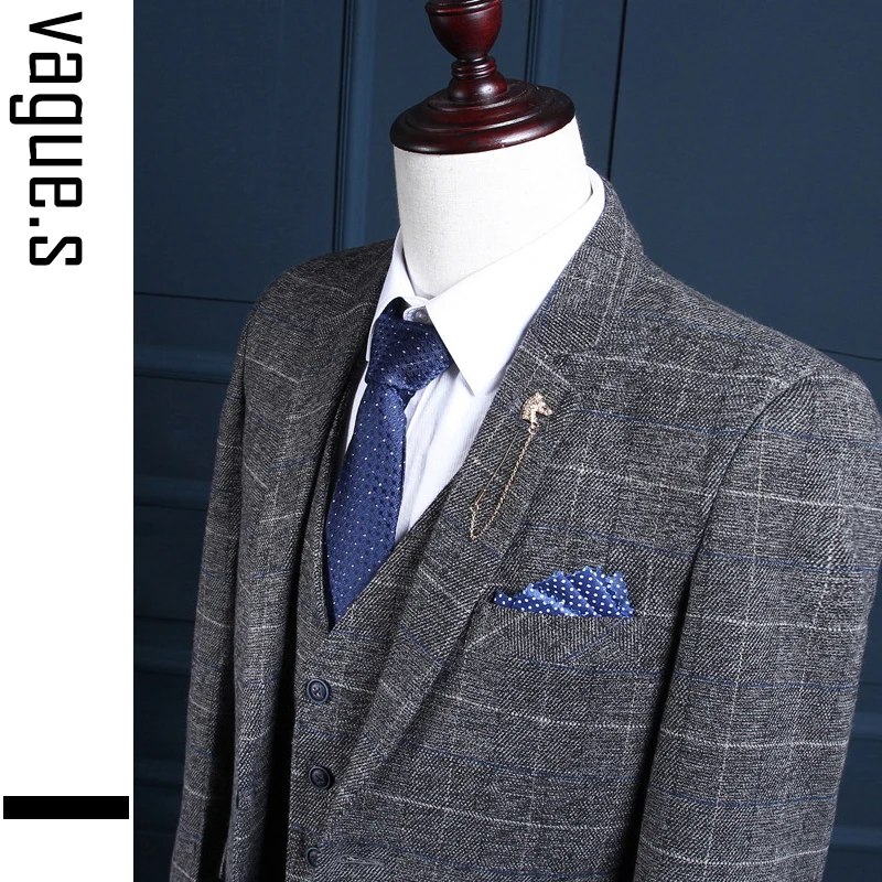 OSCN7 серый клетчатый шерстяной костюм для мужчин Slim Fit деловые костюмы свадьбы 2019