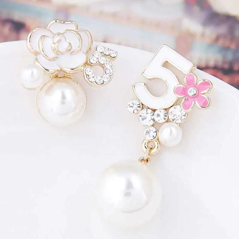 

Number 5 Letter Flower Earrings Chain Famous Brand Designer Luxury Jewelry Brincos Orecchini Pearl Earrings Women