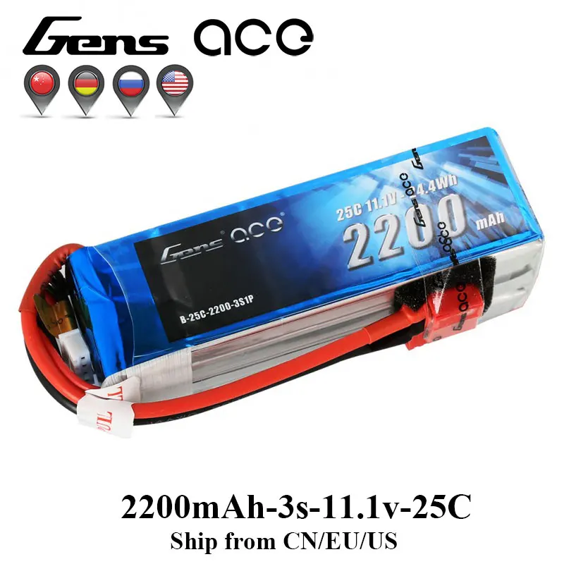 

Gens ace 3s Lipo Battery 11.1V 2200mAh Lipo 3S 25C RC Battery Pack T XT60 Plug for 1:10 Car Helicopter Glider Skylark M4-FPV 250