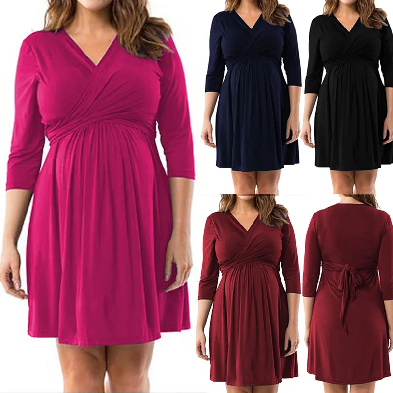 

Hot Selling Women Lady Maternity Dress V Neck Seven Quarter Sleeve Solid Color Fashion For Party