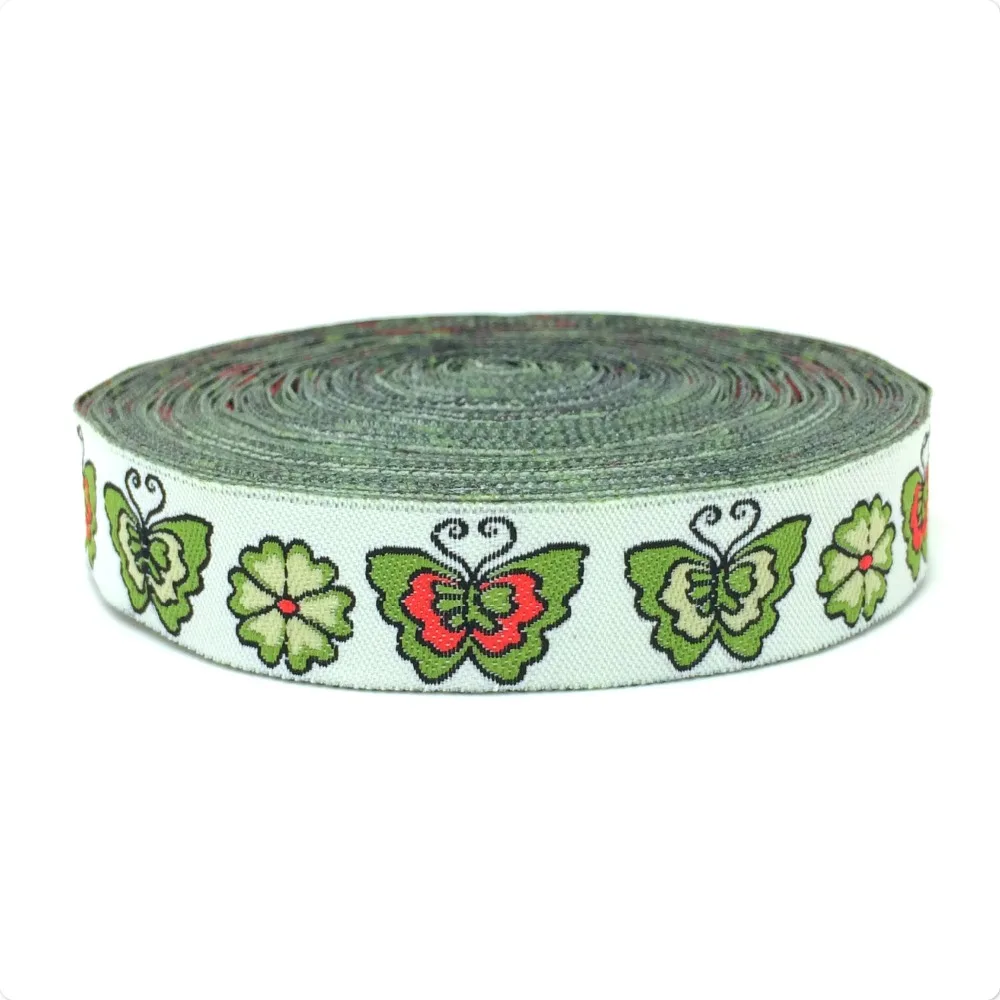 

Free Shipping 5/8'' (16mmx10yards ) Woven Jacquard Ribbon green butterfly flower lace KTZD15110103