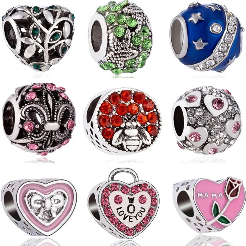 

European Charms Beads Enamel Crown Tree Dolphin Bear Mickey Mouse Hearts Crystal Beads Fit Pandora Bangles for Women Handmade