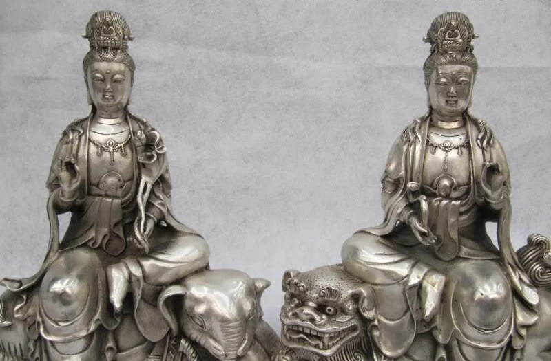 

Tibet White Copper Silver Elephant Manjusri Lion Samantabhadra Kwan-Yin Guan YIN