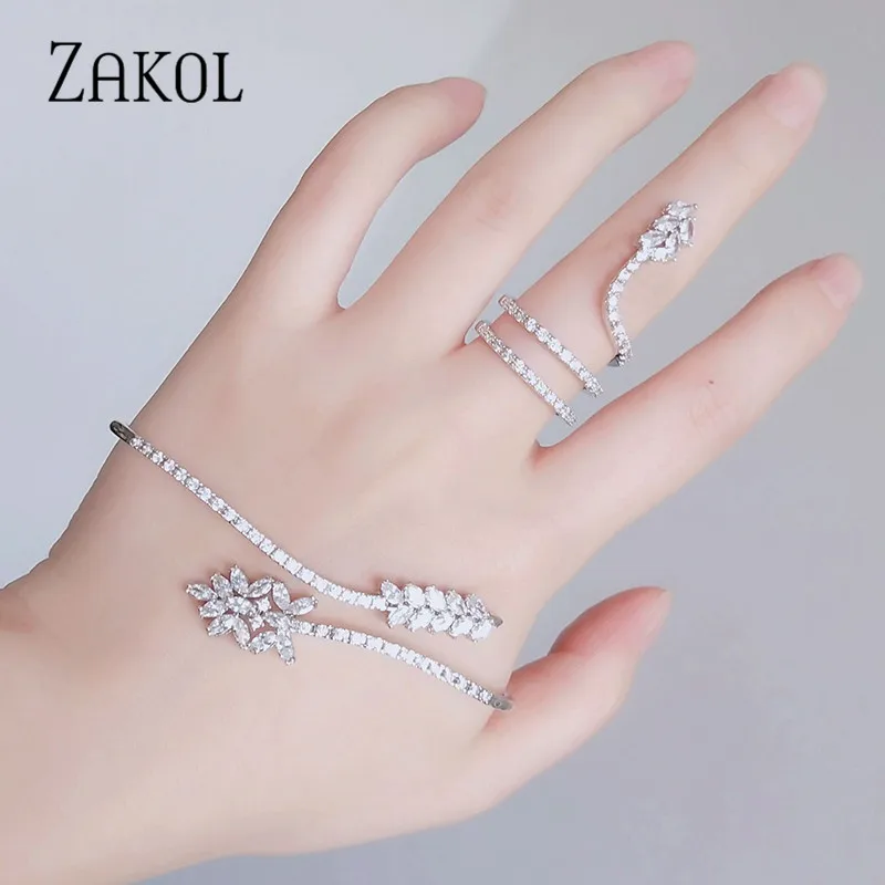 

ZAKOL Trendy Cubic Zirconia Marquise Cut Flowers Simple Ring Palm Bracelet for Women Webbing Dinner Birthday Jewelry FSBP2502