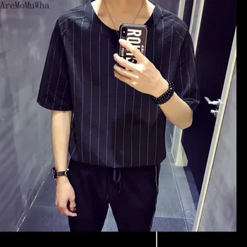 

AreMoMuWha Trend Men's Striped Linen Thin Loose Round Neck T-shirt 2019 Summer 5 Minutes and A Half Sleeves Shirt Clothes QX916