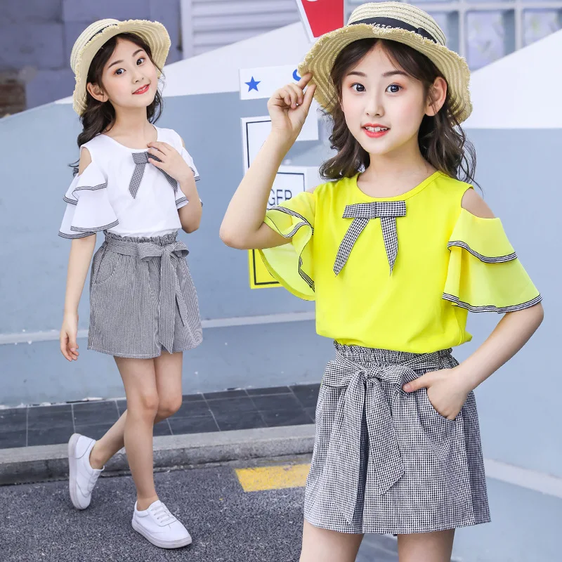 

New Casual Teenage Girls Clothing Summer Fashion Bow Ruffle Sleeve Shirt Plaid Shorts Kids Clothes Set 2pcs Korean Children Suit