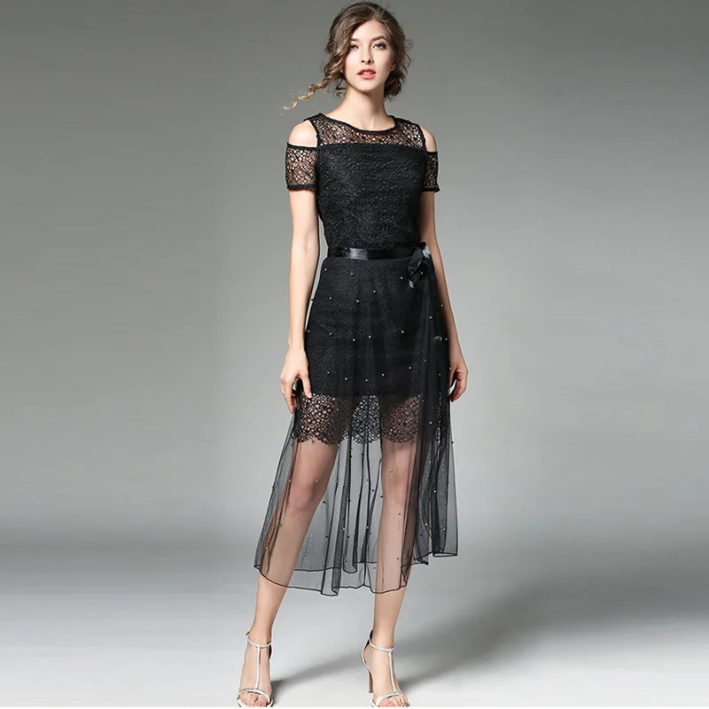

2019 Summer Off-the-shoulder Lace Stitching Gauze Beaded White Dress Two-piece Casual Sexy Elegance Plus Size Dress Women