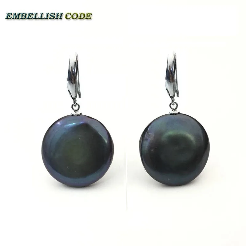 

simple hook dangle drop earring baroque coin button flat round shape black natural freshwater pearls 925 sterling silver Special