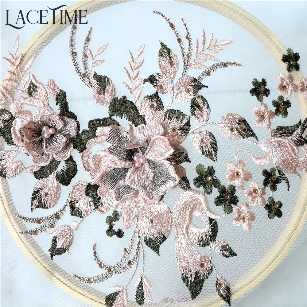 

1 Pair Delicate 3D Floral Tulle Embroidered Pearl Beaded Lace Applique Flower Lace Trim Dress DIY Lace Fabrics Material