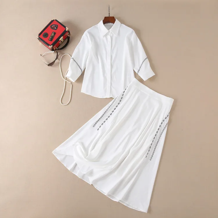 Высокое качество, облегающие Женские костюмы Виктории Бекхэм, Женская белая рубашка+ принт, миди, а-силуэт, белая юбка, костюм, повседневный комплект из 2 предметов