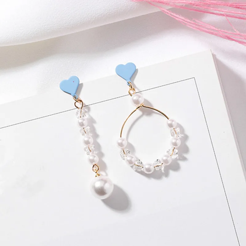 

New Sweet Candy Color Asymmetry Love Heart Earrings Crystal Pearl Beaded Round Circle Long Drop Earring For Women Jewelry 6M2011