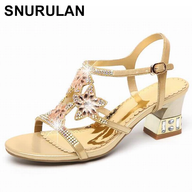 

SNURULAN Summer Rhinestone Thick Heels Women Sandals Shoes Sexy Open Toe Shoes Woman High Heels Sandals Platform Big SizeE143