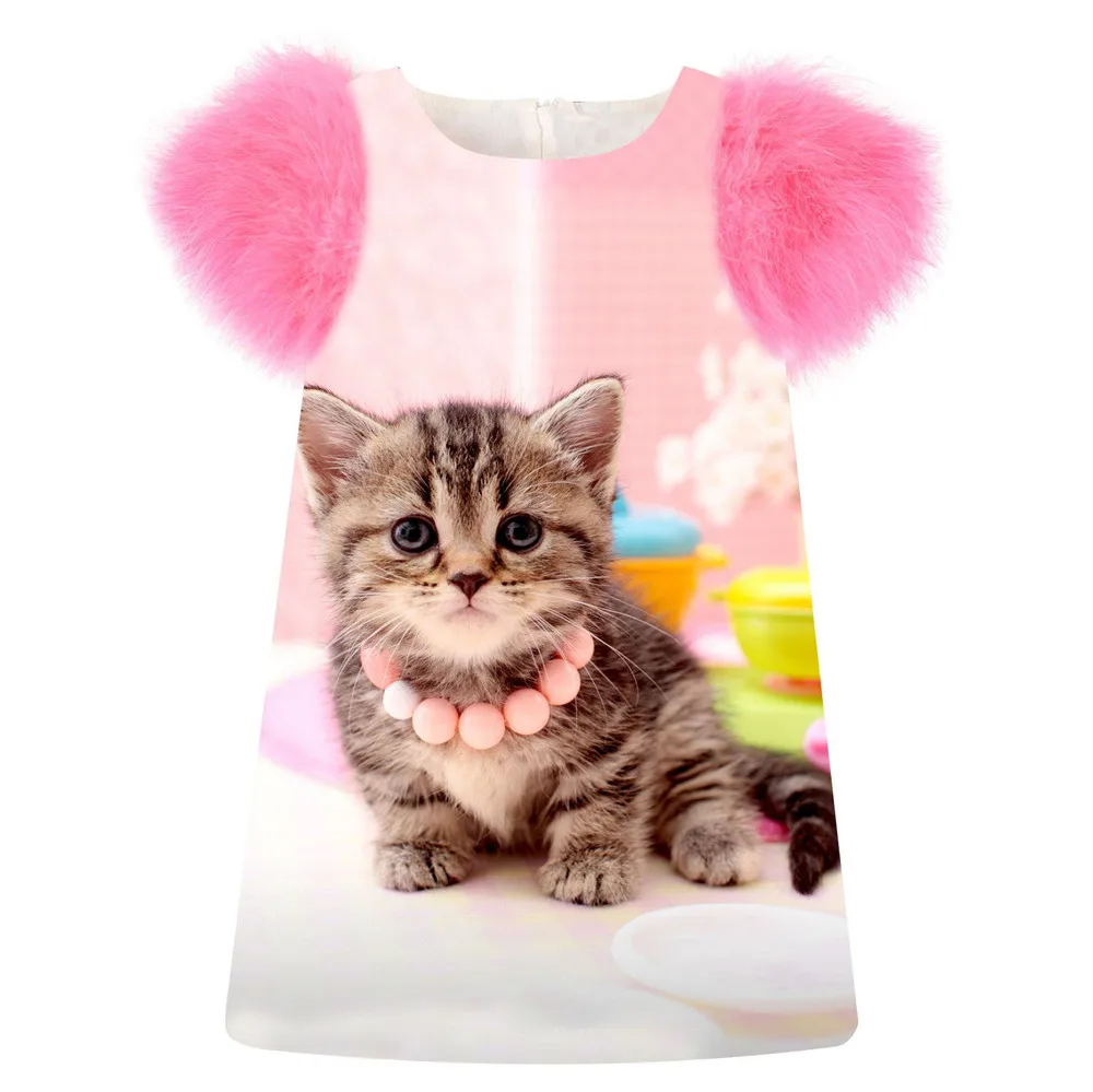 Платье для маленьких девочек вечерние платья на день рождения весенне-Осенняя детская одежда с рукавами из искусственного меха Детский принт с милой кошкой От 2 до 10 лет