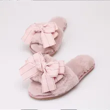 

Home Sippers For Women 2018 Warm And Cozy Winter Shoes Women Indoor Faux Fur Soft Big Bow Female Basic Flock Flat Shoes SA07