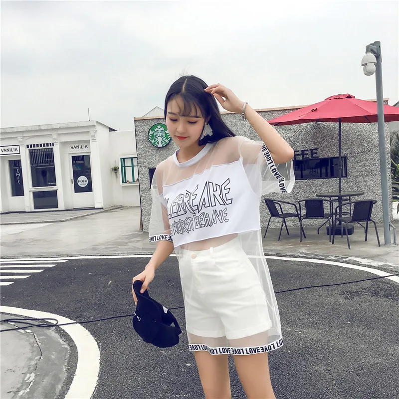 Camisetas Mujer летняя модная футболка Топ Женская одежда корейский стиль Harajuku сетчатая перспективная футболка женские свободные футболки
