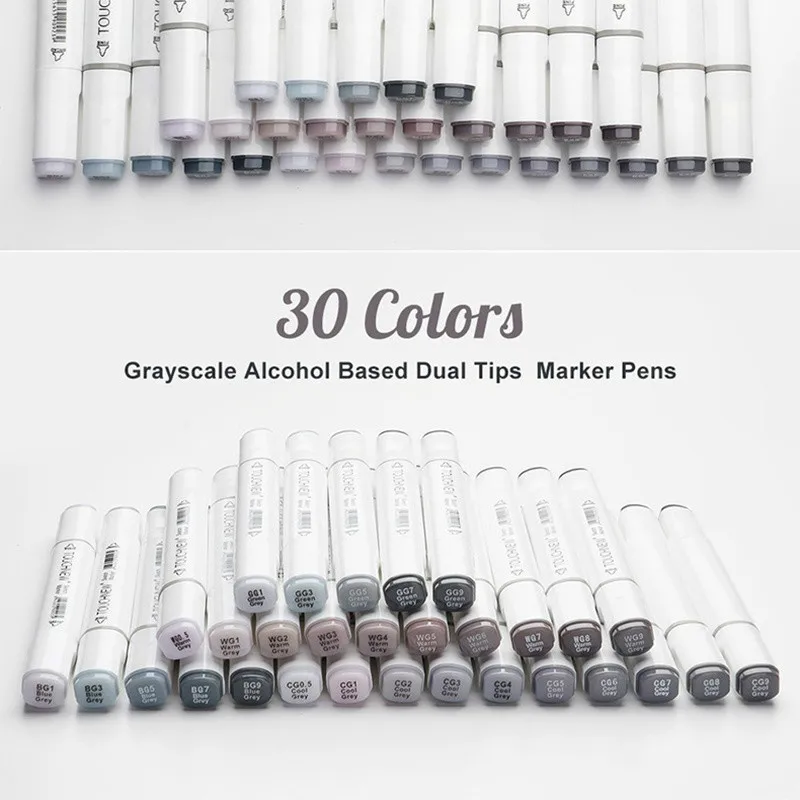 TouchNew Art Marker Double-Ended Alcohol Based Ink Neutral Gray Color Sketch Gray Tones