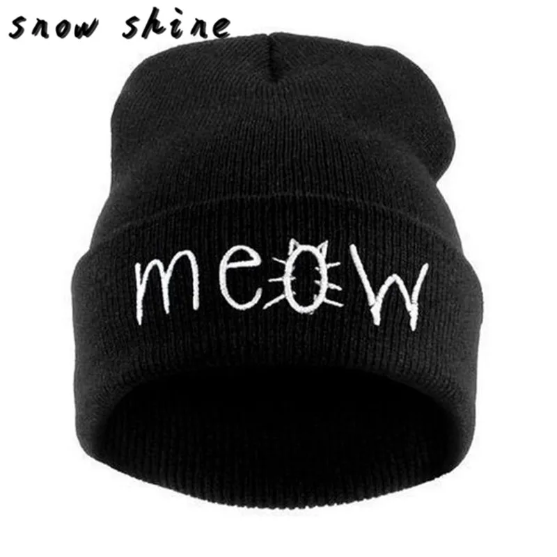 Snowshine YLIW зимняя вязаная Meow Лыжная Шапочка и Снэпбэк Мужская и женская кепка в стиле хип-хоп - Цвет: Черный