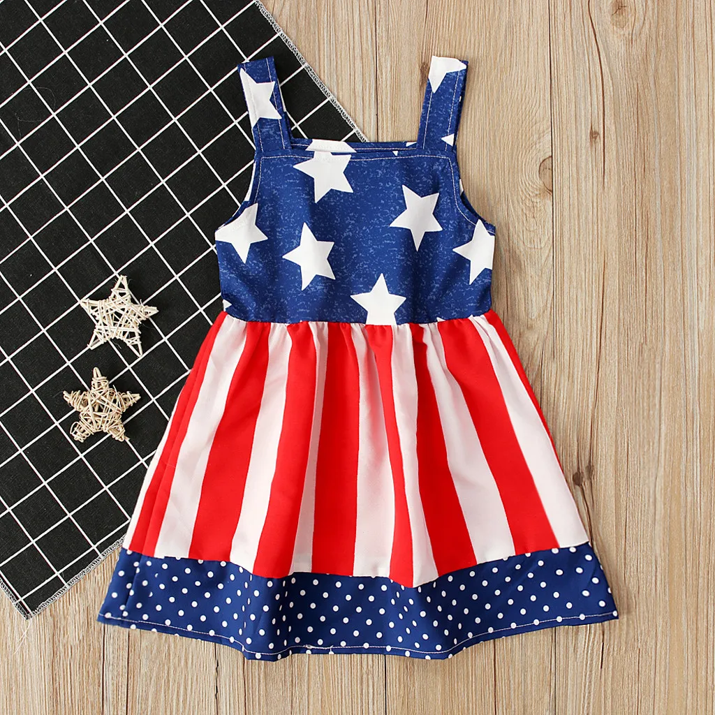 new Independence Day July 4th clothes dress red stripes stars sleeveless knee length dress baby