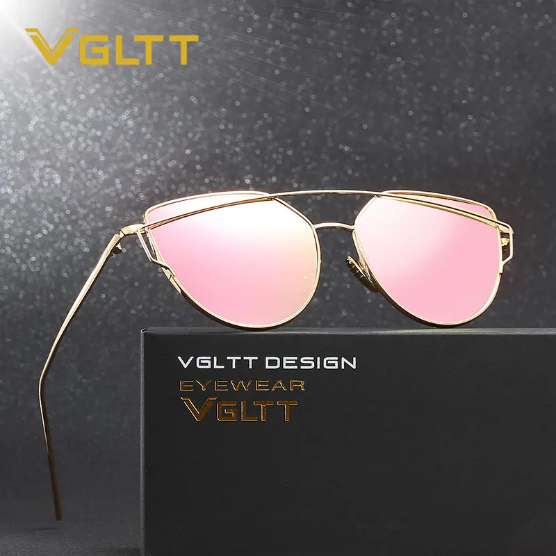 VGLTT Cat Eye Women Sunglasses 2016 New Brand Design Mirror Flat Rose Gold Vintage Cateye Fashion