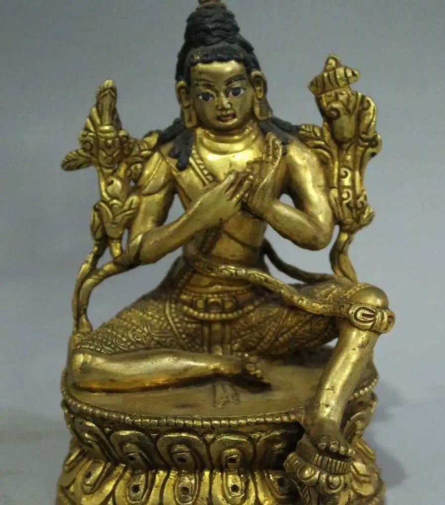 

5" Chinese Tibetan Buddhism Bronze 24K Gold Fane Green Tara Kwan-yin Buddha
