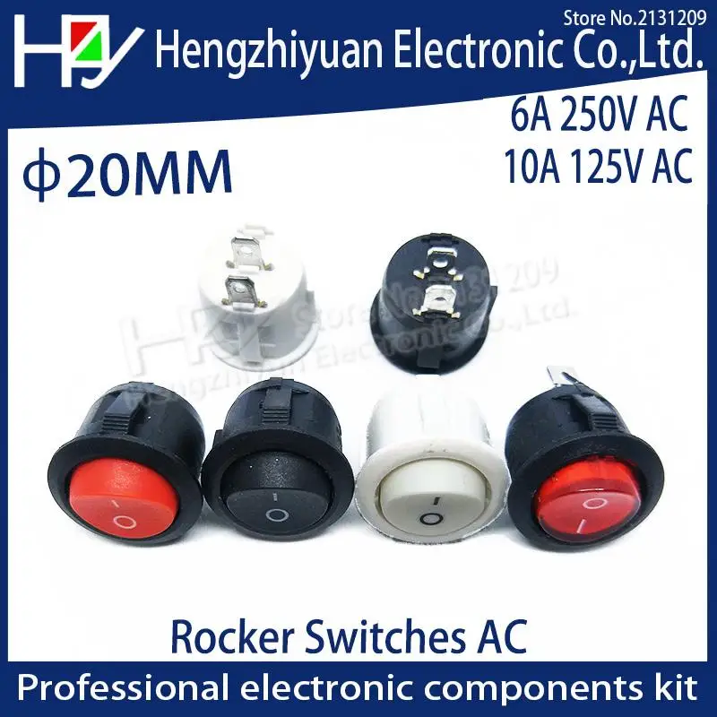

10Pcs 20mm 6A 250V AC On Off Snap SPST Round Boat Rocker Switch Black 2Pin Power Switch Push Button Switch Black White Factory