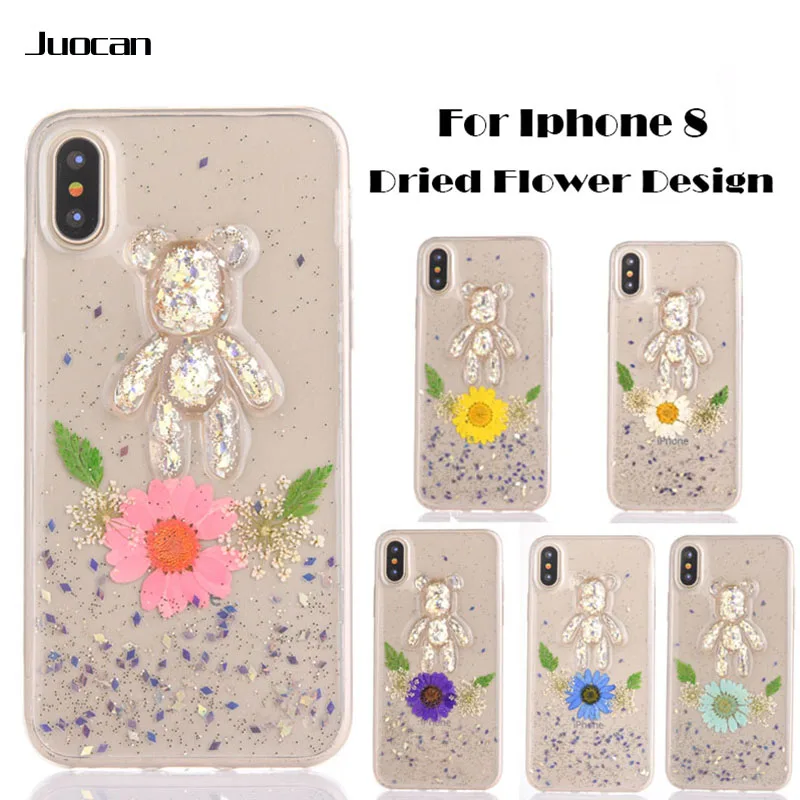 Juocan Soft Clear TPU For IphoneX 10 Case Lovely 3D Bear Glitter Dried Flower 6 Pattern Available Anti-Yellow |